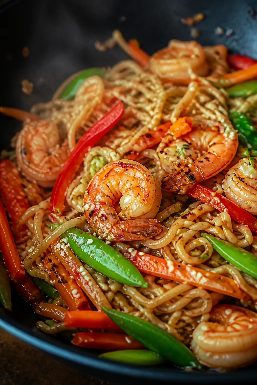 Close-up detail: Glossy shrimp ramen stir fry mid-toss in a wok, showing seared pink shrimp with lig