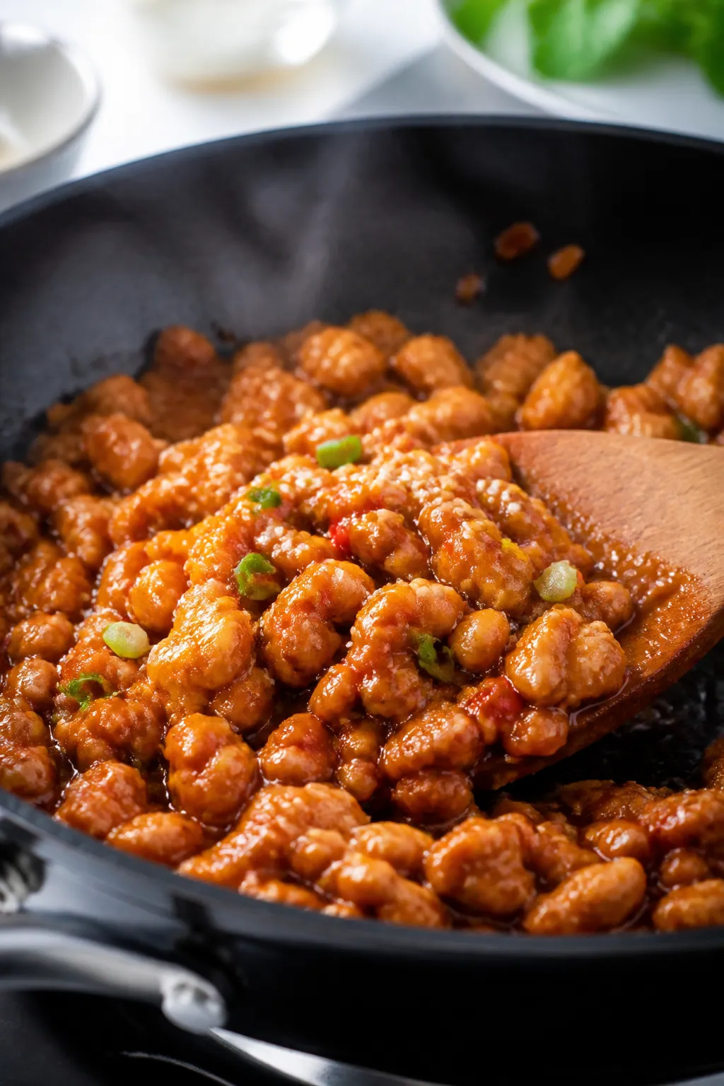 Close-up detail: Glossy sweet chili ground chicken sizzling in a skillet, sauce clinging to the crum