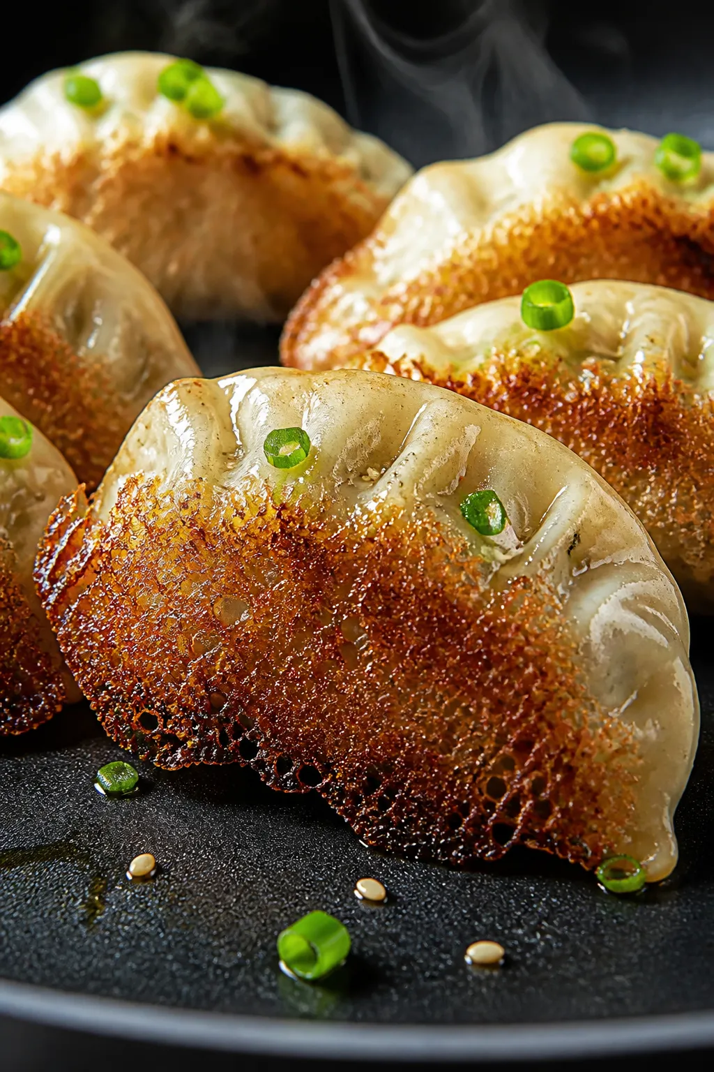 Close-up detail: Golden-bottomed ground chicken potstickers just after the “steam and crisp” ste