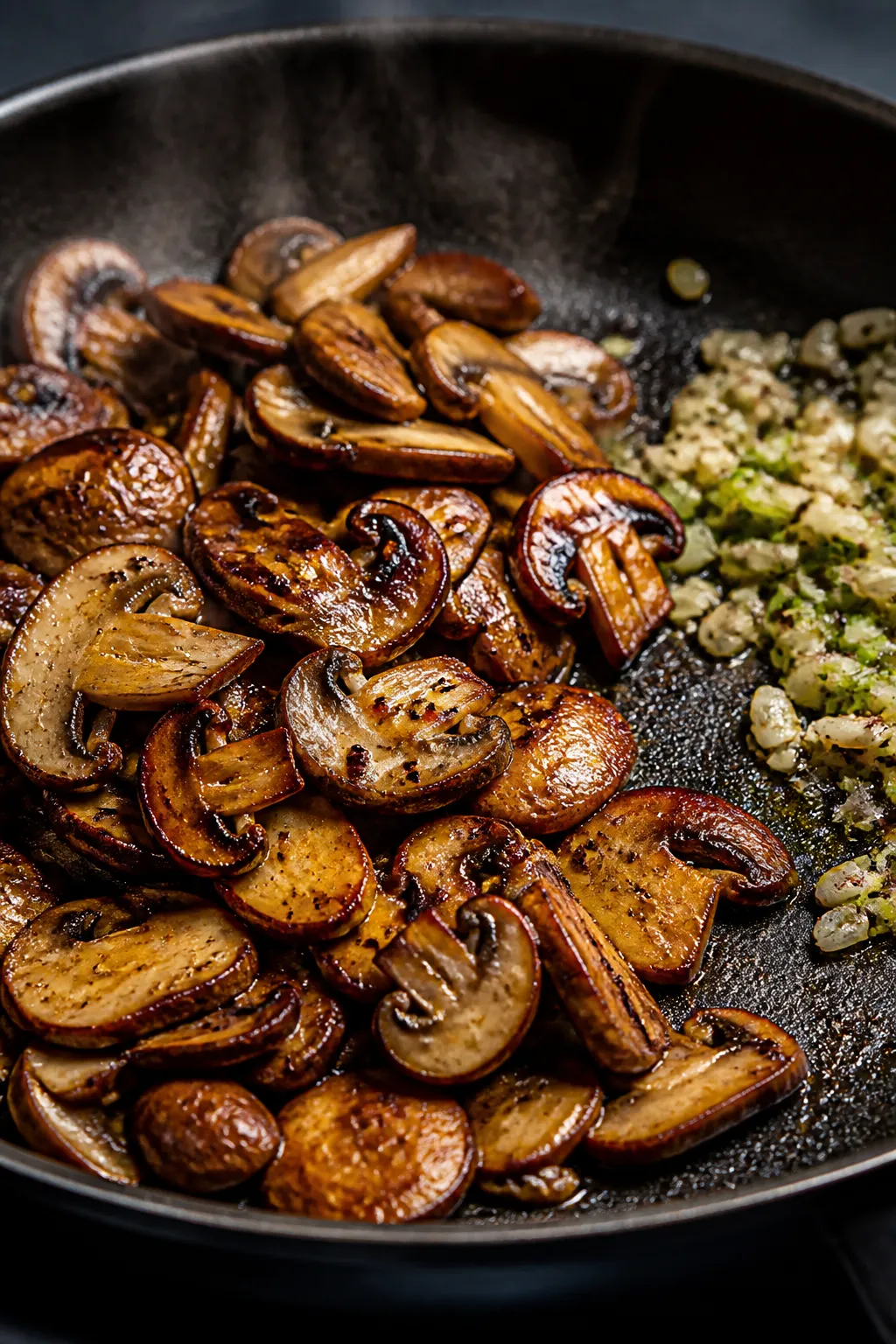 Close-up detail: Golden-browned sliced cremini and shiitake mushrooms sizzling in a wide skillet, ed