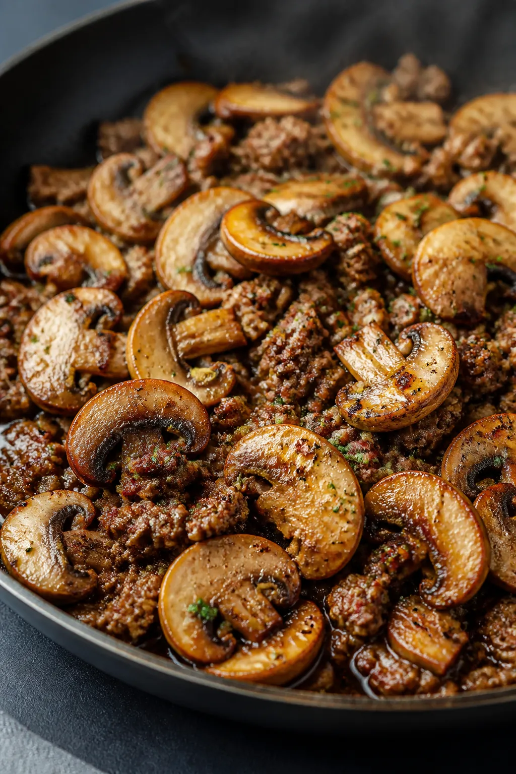 Close-up detail: Golden-browned sliced mushrooms and crumbled lean beef sizzling together in a deep 
