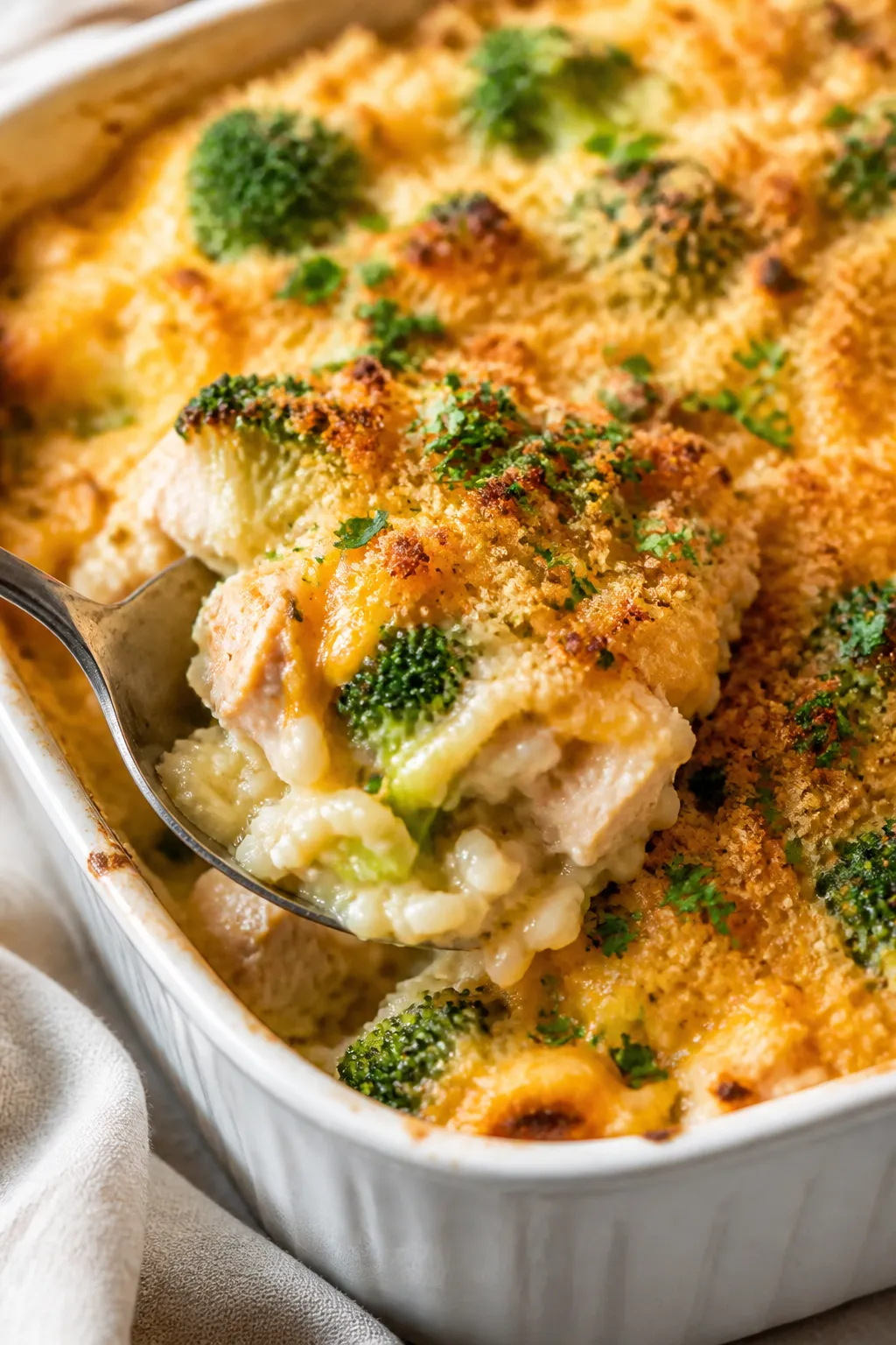 Close-up detail: Golden, bubbling Cheesy Chicken Broccoli Rice Bake just out of the oven, showing cr