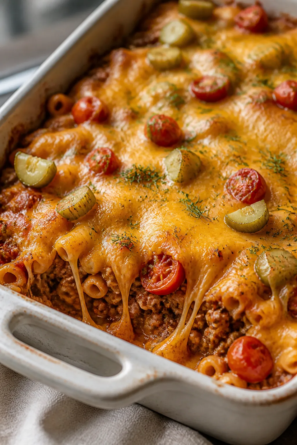 Close-up detail: Golden, bubbling top of the lightened-up cheeseburger casserole just out of the 375