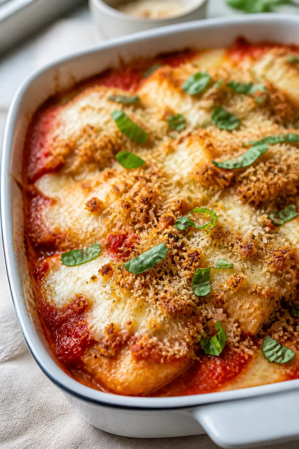 Close-up detail: Golden, bubbly Chicken Parmesan Bake just out of the oven, showing crisp whole-whea
