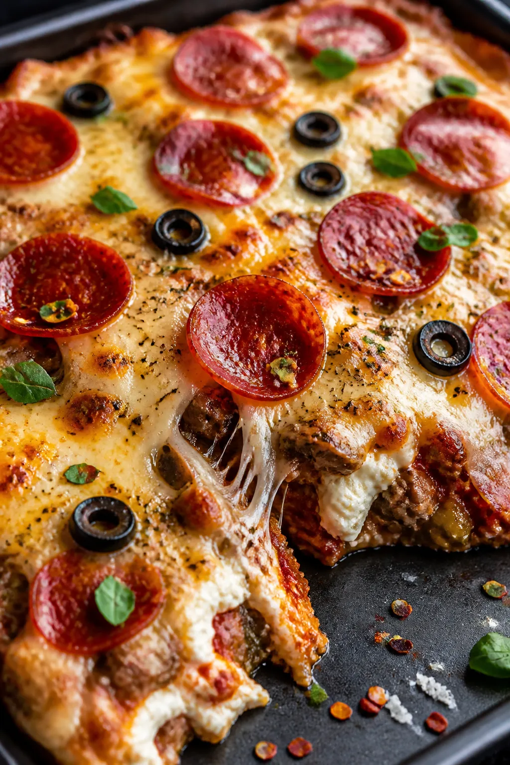 Close-up detail: Golden-bubbly High Protein Pizza Casserole just out of the oven, cheese melted with
