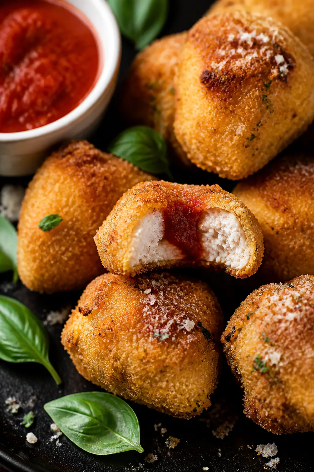 Close-up detail: Golden, crispy air-fried chicken Parmesan bites just out of the basket, coated in a