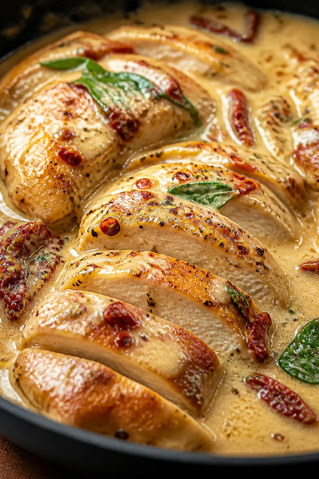 Close-up detail: Golden-seared chicken cutlets sliced into tender pieces nestled in a creamy garlic-