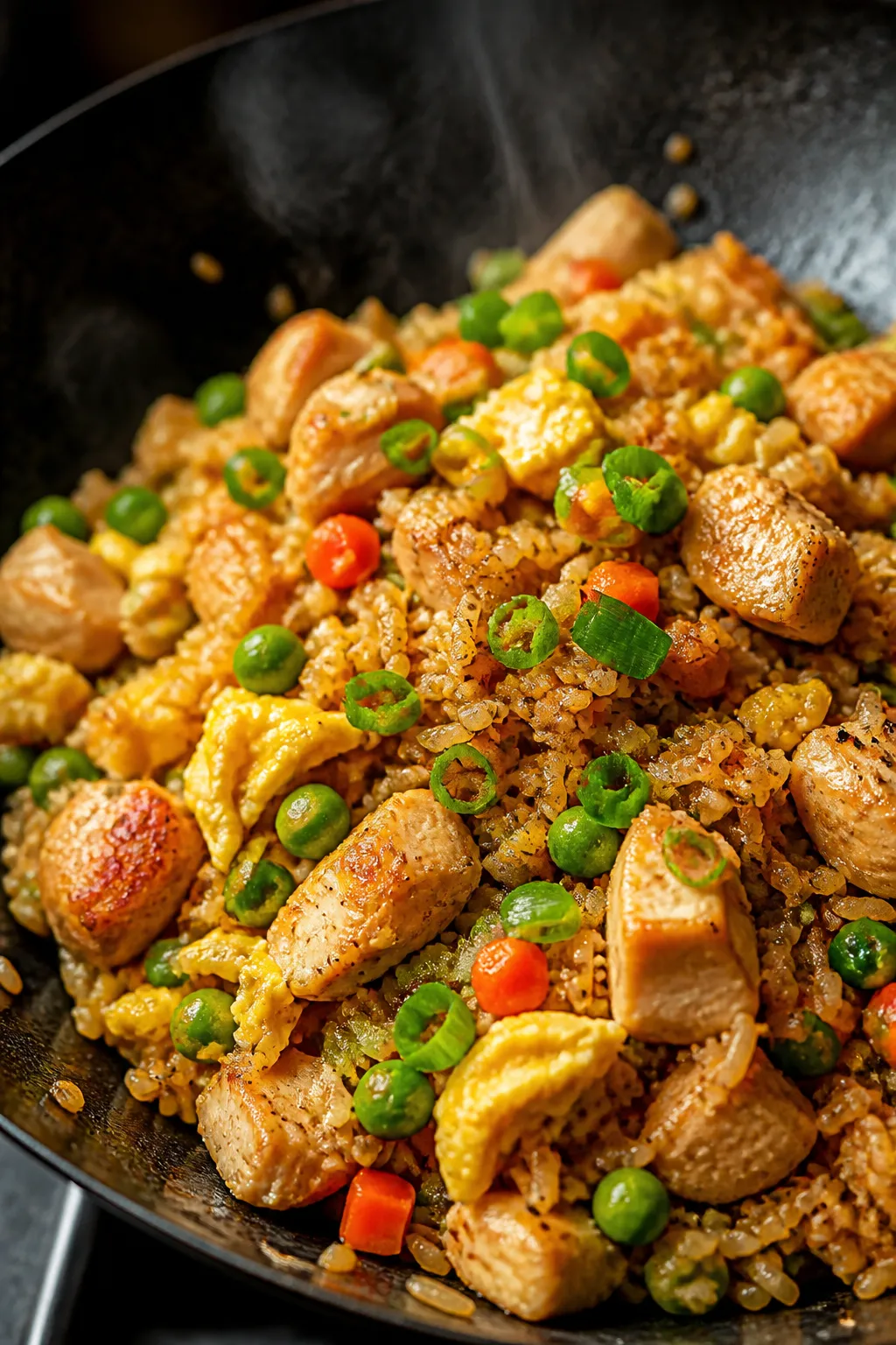 Close-up detail: Golden, smoky chicken fried rice sizzling in a carbon-steel wok, rice grains lightl