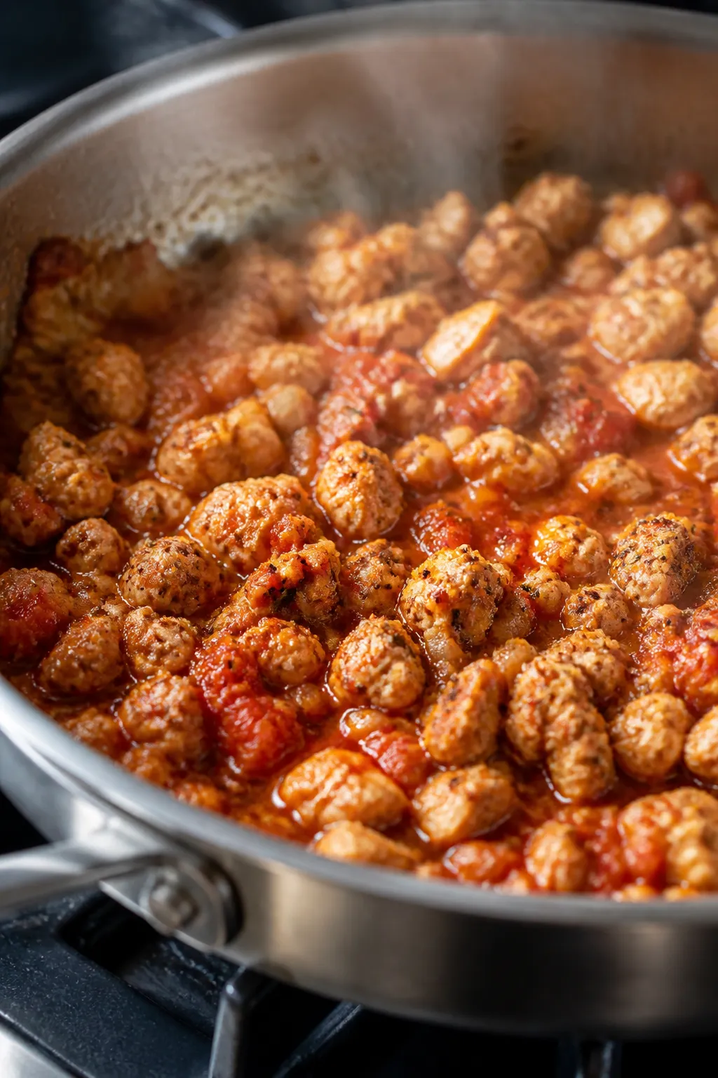 Close-up detail: Ground chicken browning in a wide stainless skillet, deeply caramelized edges and s