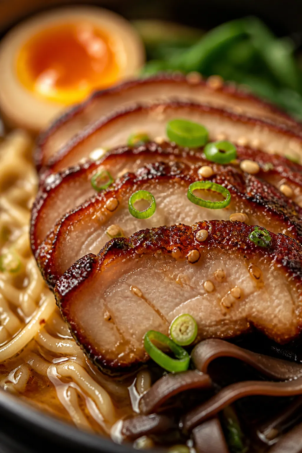 Close-up detail, hero shot: Macro of sliced seared pork perched atop ramen, edges well-browned with