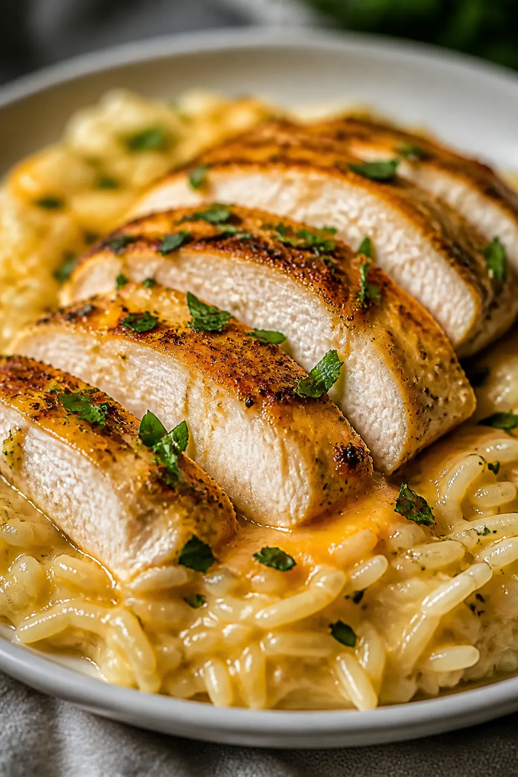 Close-up detail — juicy chicken and tender rice: Tight macro of a sliced, oven-baked chicken breas
