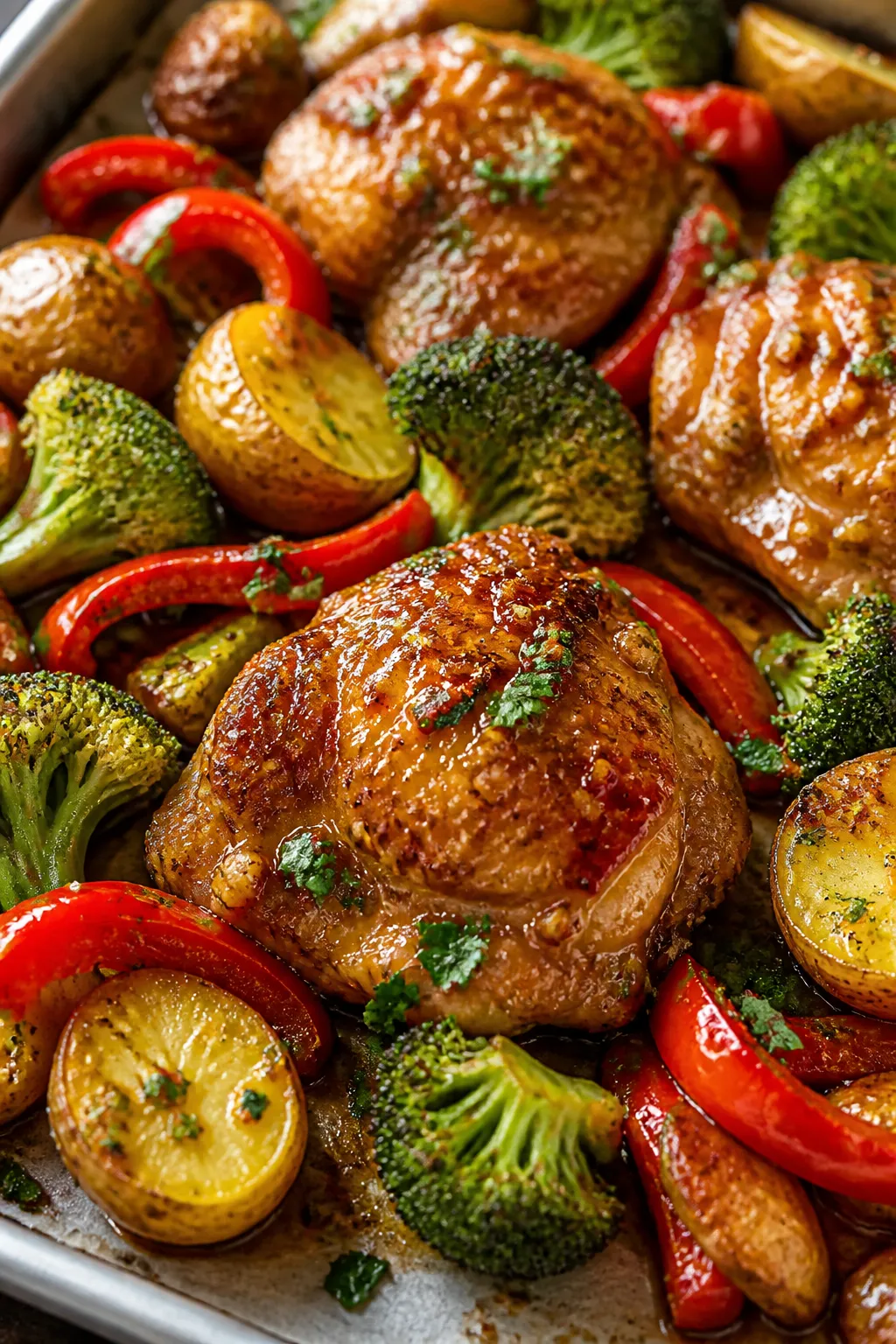 Close-up detail: Juicy honey-garlic glazed chicken thighs just out of the oven, nestled between cris