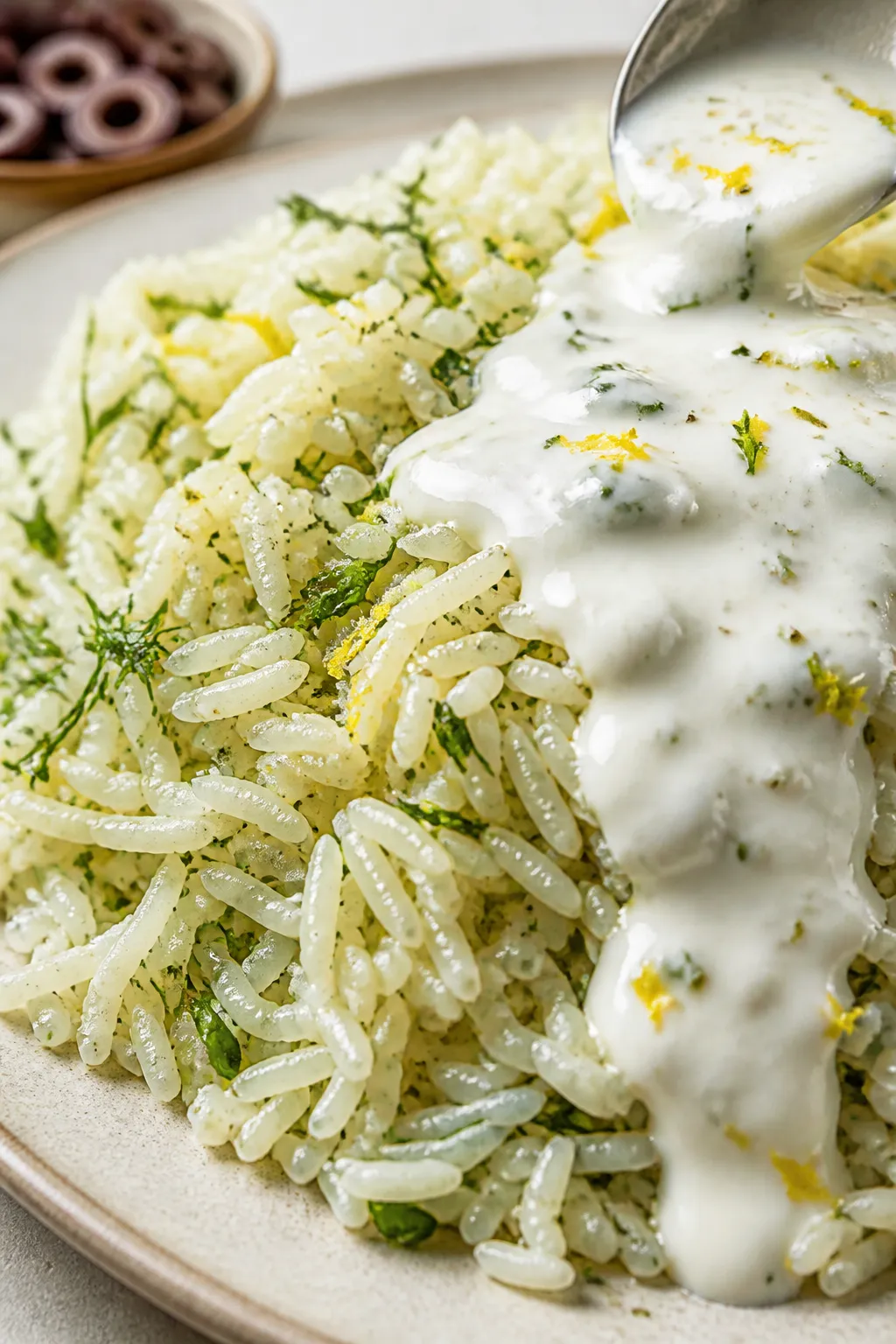 Close-up detail, lemon-herb rice and sauce: Tight macro of fluffy long-grain rice folded with lemon