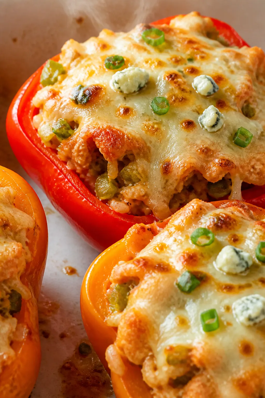 Close-up detail: Melted cheese-topped Buffalo chicken stuffed pepper fresh from the oven, showing bu