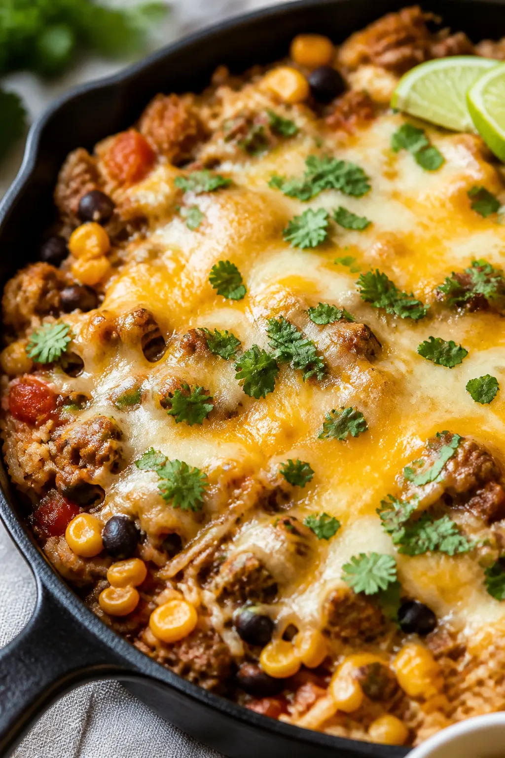 Close-up detail: Melty-cheese finish on One-Pan Mexican Beef and Rice right in the skillet—gooey M