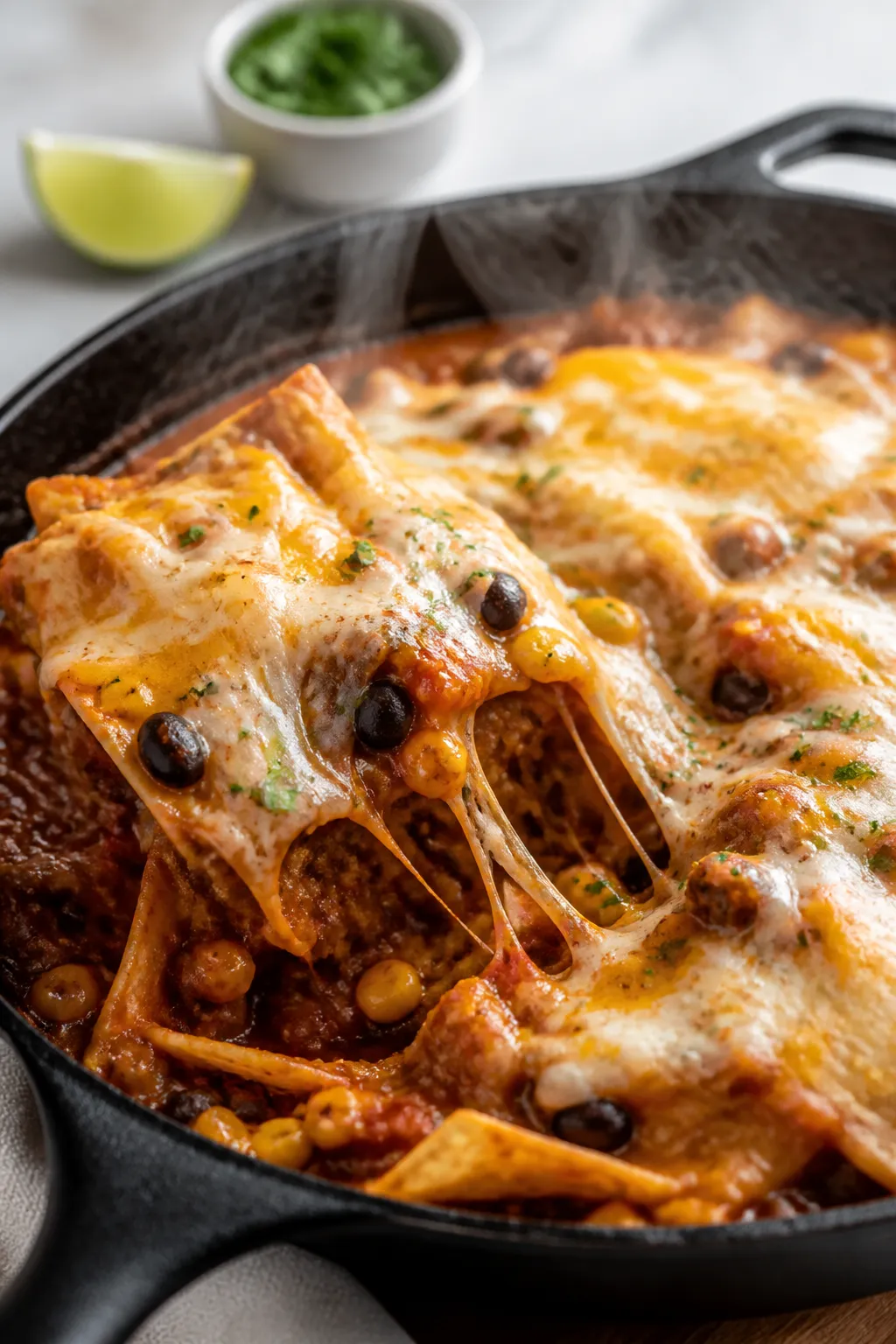 Close-up detail: Melty-cheese-topped ground beef enchilada skillet just after covering, shot at a sl