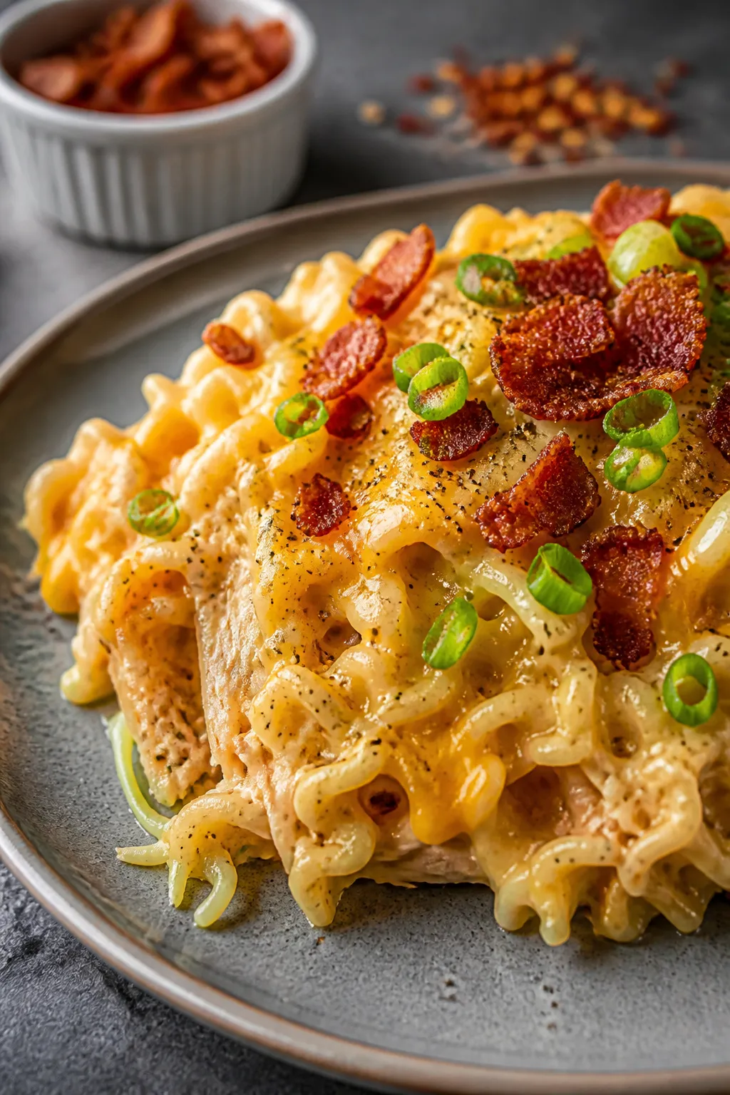 Close-up detail of a scooped serving of Crack Chicken Ramen Casserole on a warm gray ceramic plate,