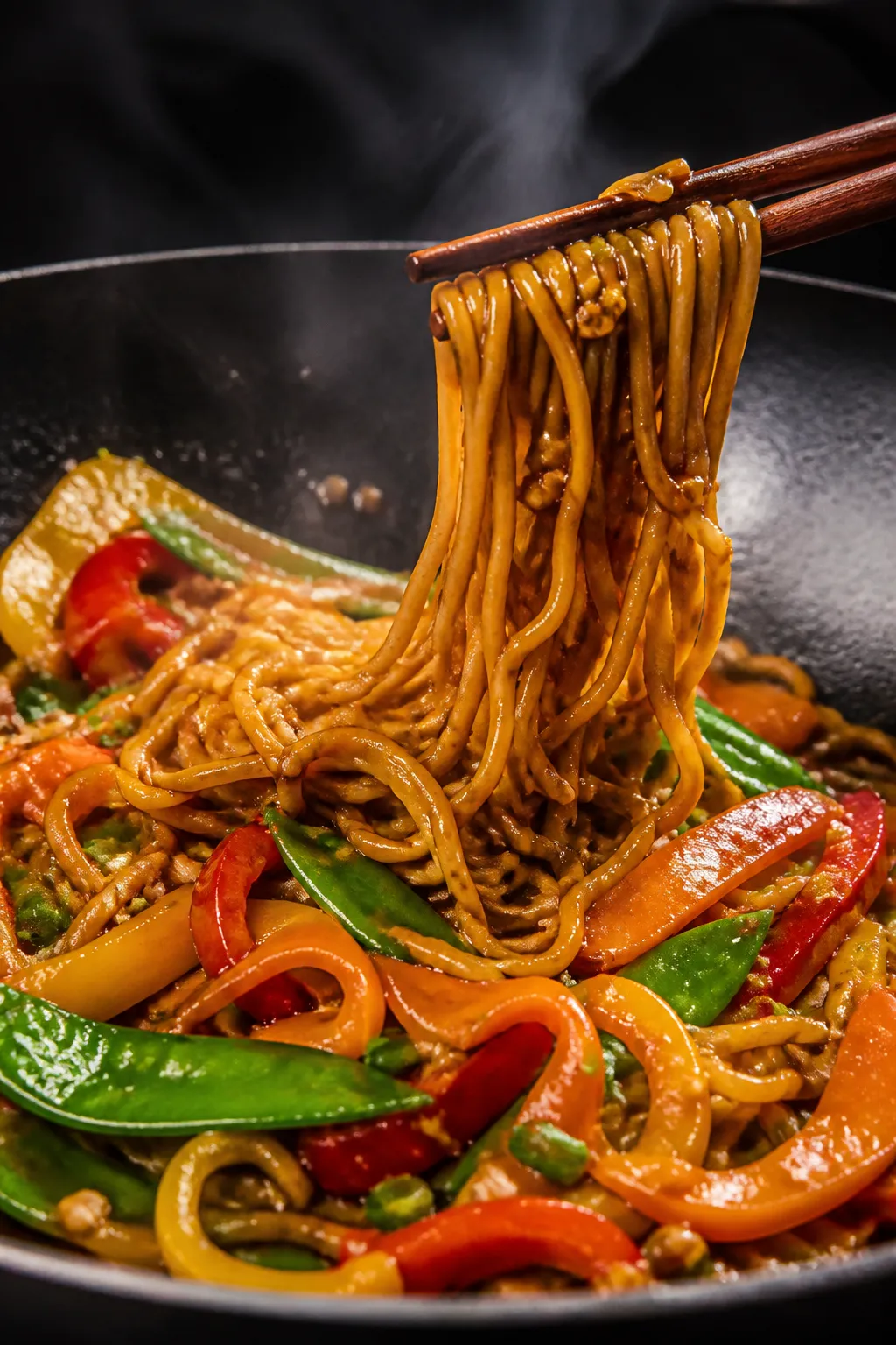Close-up detail of glossy, bouncy ramen noodles being tossed in a wok with a thickened soy–oyster