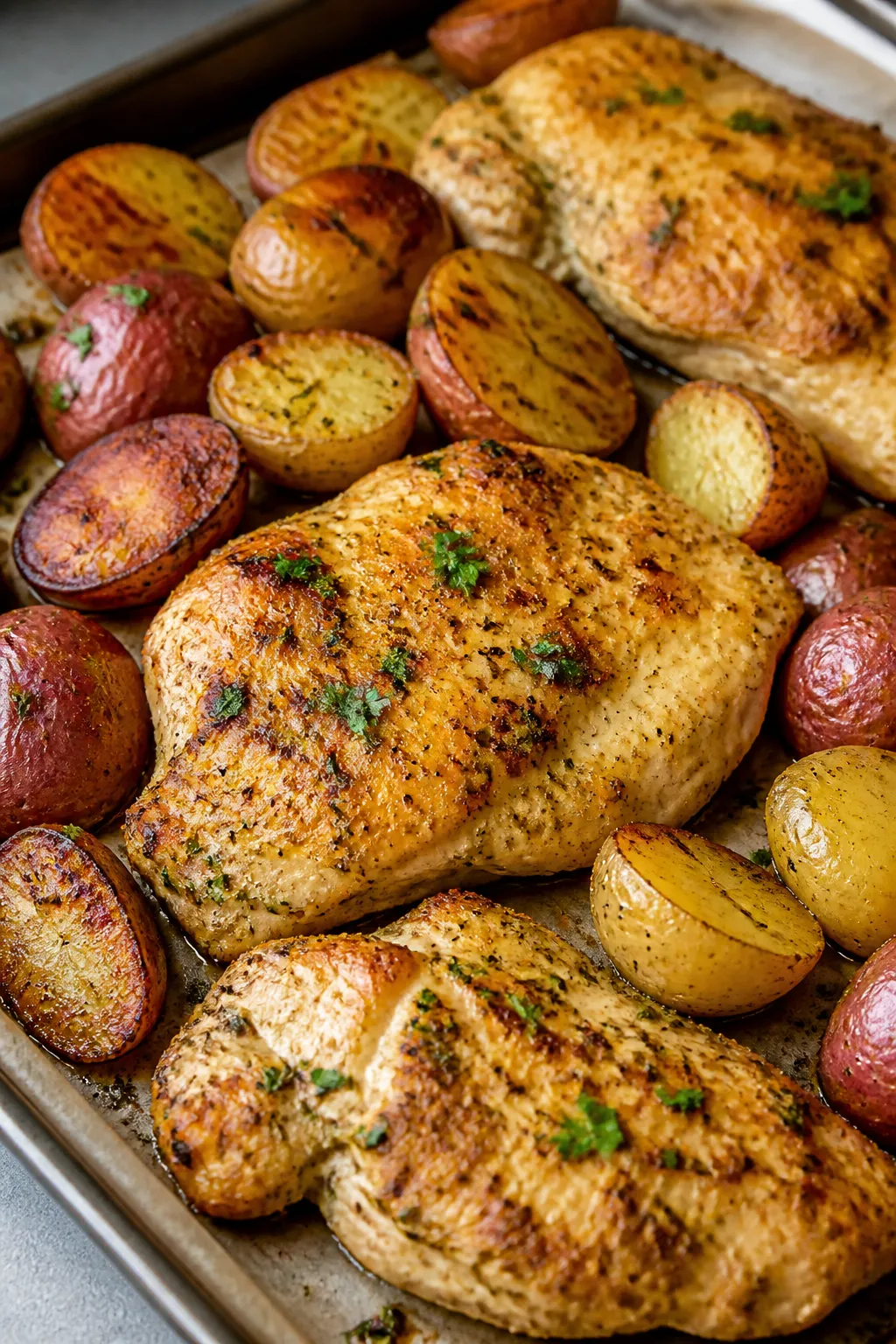Close-up detail of melt-in-your-mouth chicken fresh from the oven on a sheet pan, the creamy Greek-y