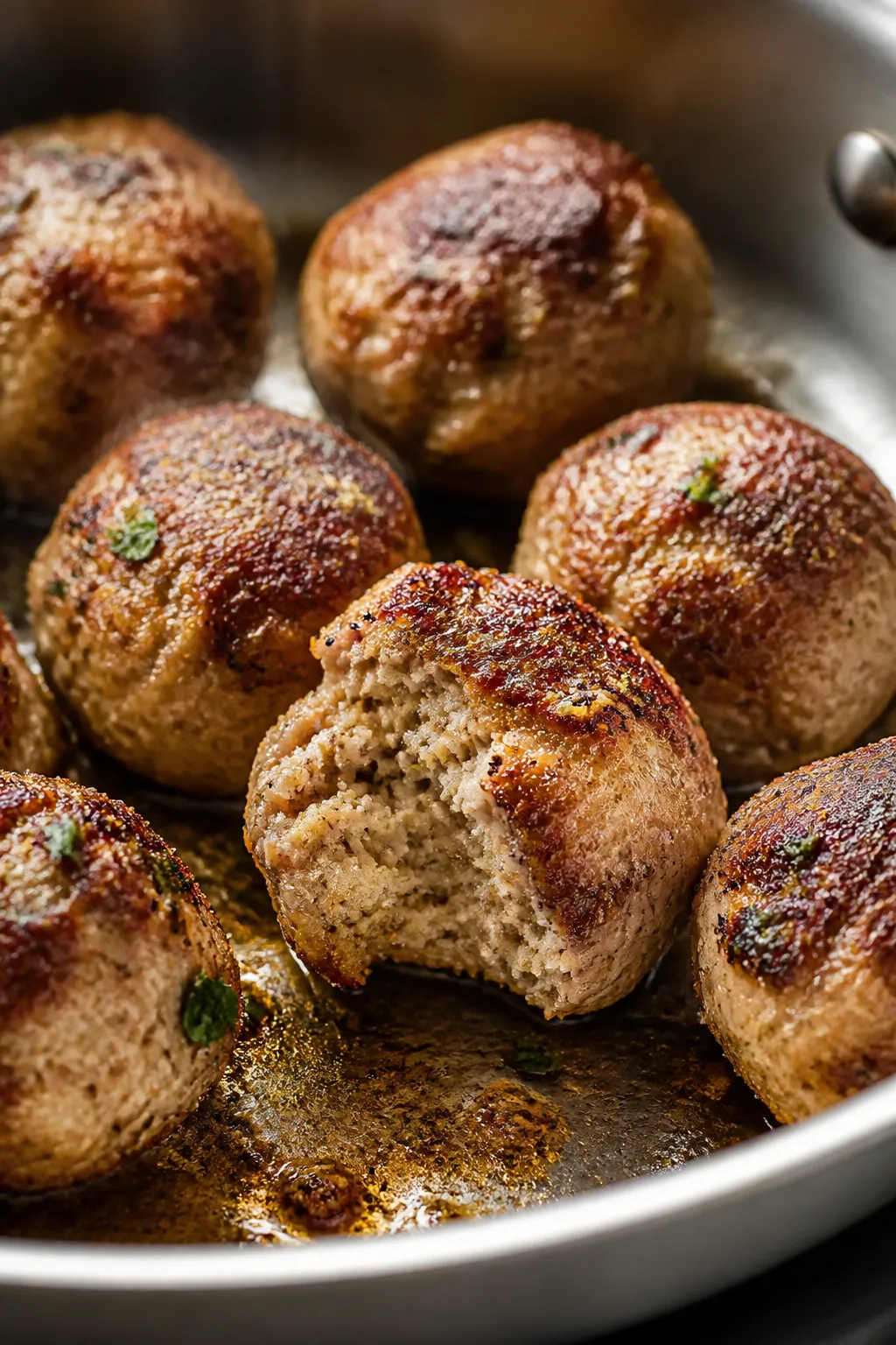 Close-up detail: Pan-seared ground chicken meatballs sizzling in a stainless skillet, deep golden-br
