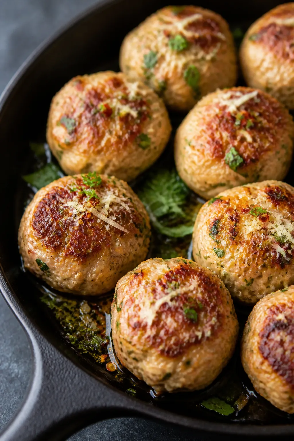 Close-up detail: Pan-seared ground chicken meatballs in a cast-iron skillet, golden-brown crust with
