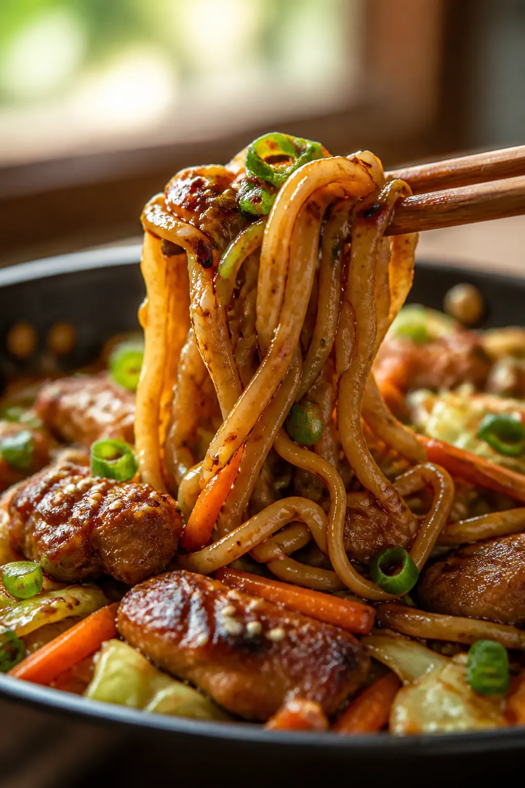 Close-up detail, saucy noodles: Extreme close-up of glossy ramen noodles twirled around a pair of ch
