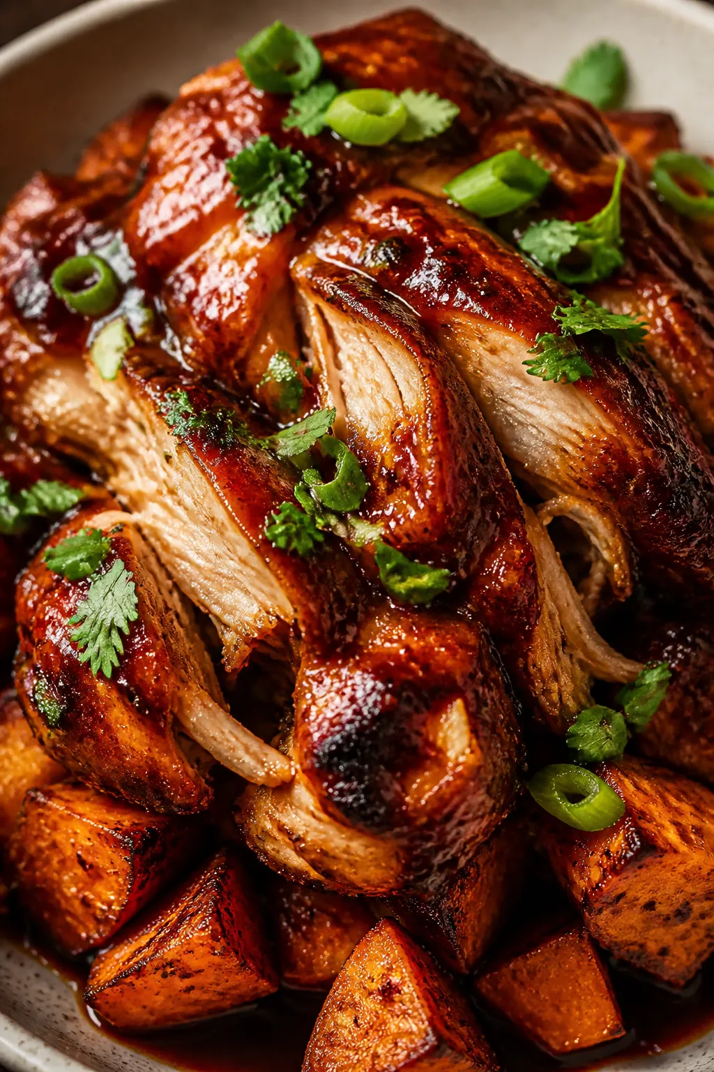 Close-up detail, saucy protein: Extreme close-up of sliced BBQ chicken tossed in glossy, warm sauce,