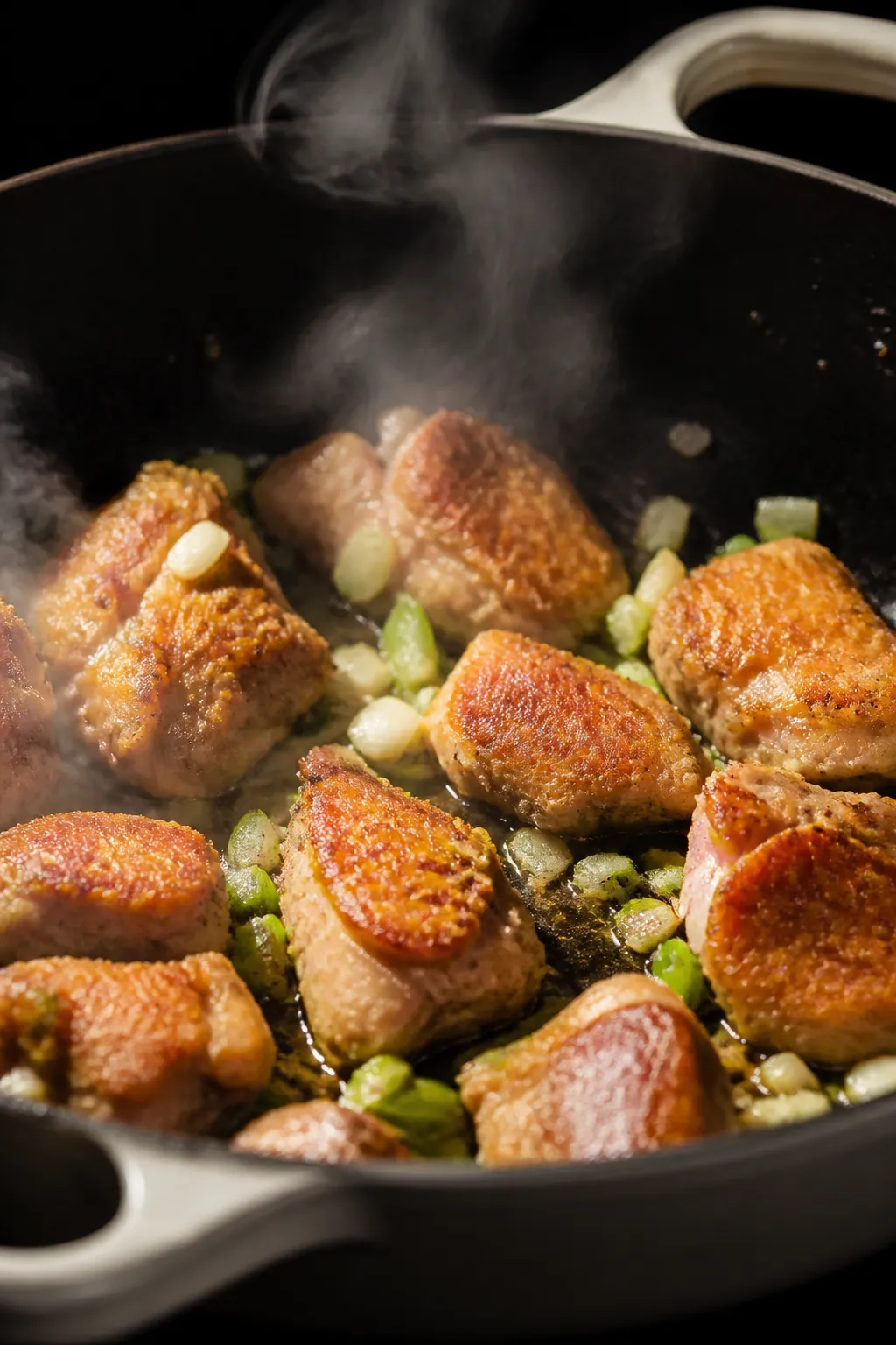 Close-up detail: Searing cornstarch-dusted chicken thigh pieces in a Dutch oven, golden-brown edges