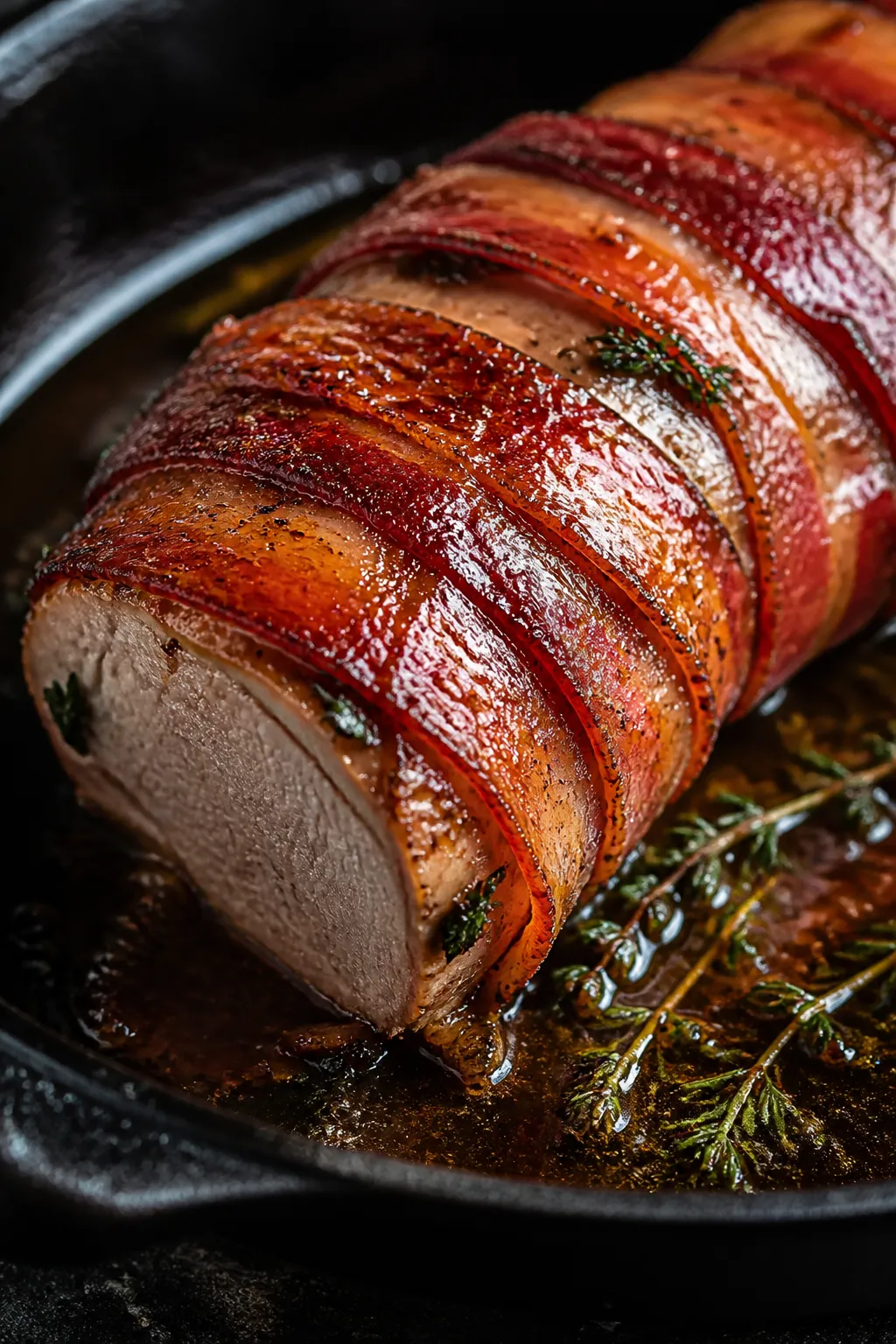 Close-up detail shot: Bacon-wrapped pork tenderloin just out of the oven in a cast-iron skillet, bac