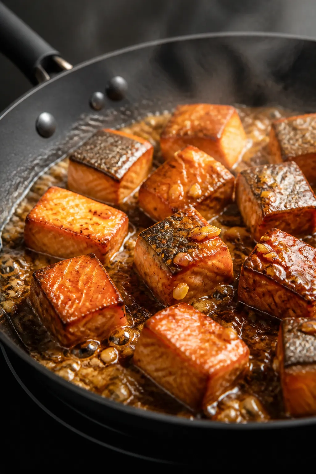 Close-up detail shot: Glossy honey-garlic glazed salmon cubes just after flipping in a nonstick skil