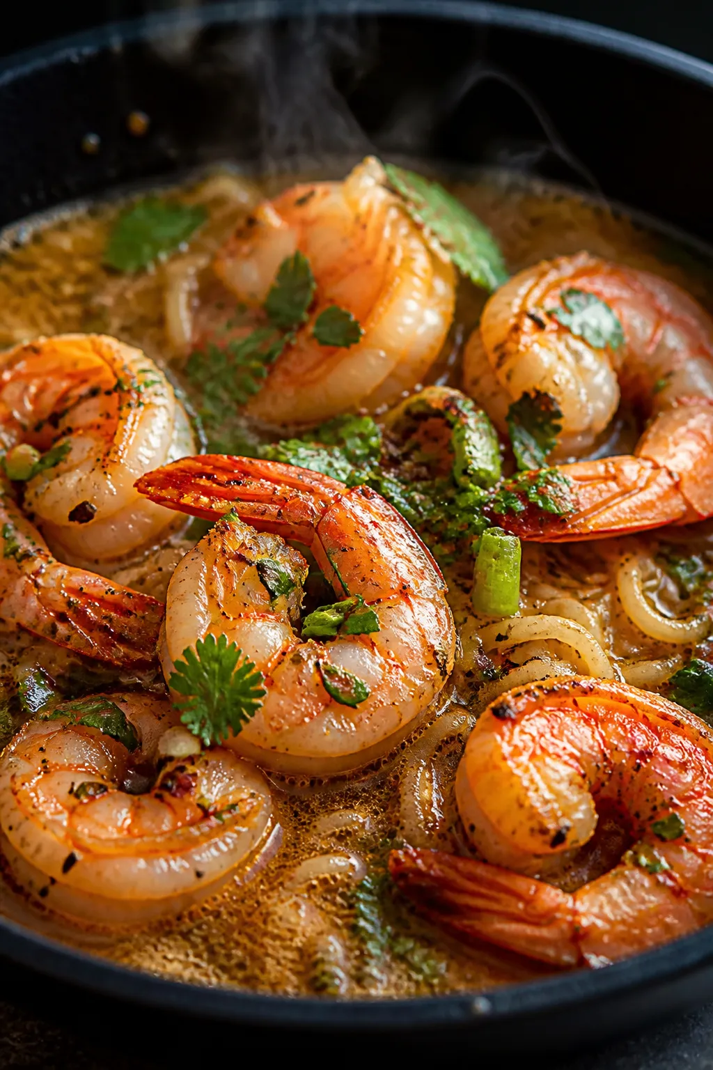Close-up detail shot: Juicy, just-seared shrimp curled and glistening in a buttery, garlicky broth w