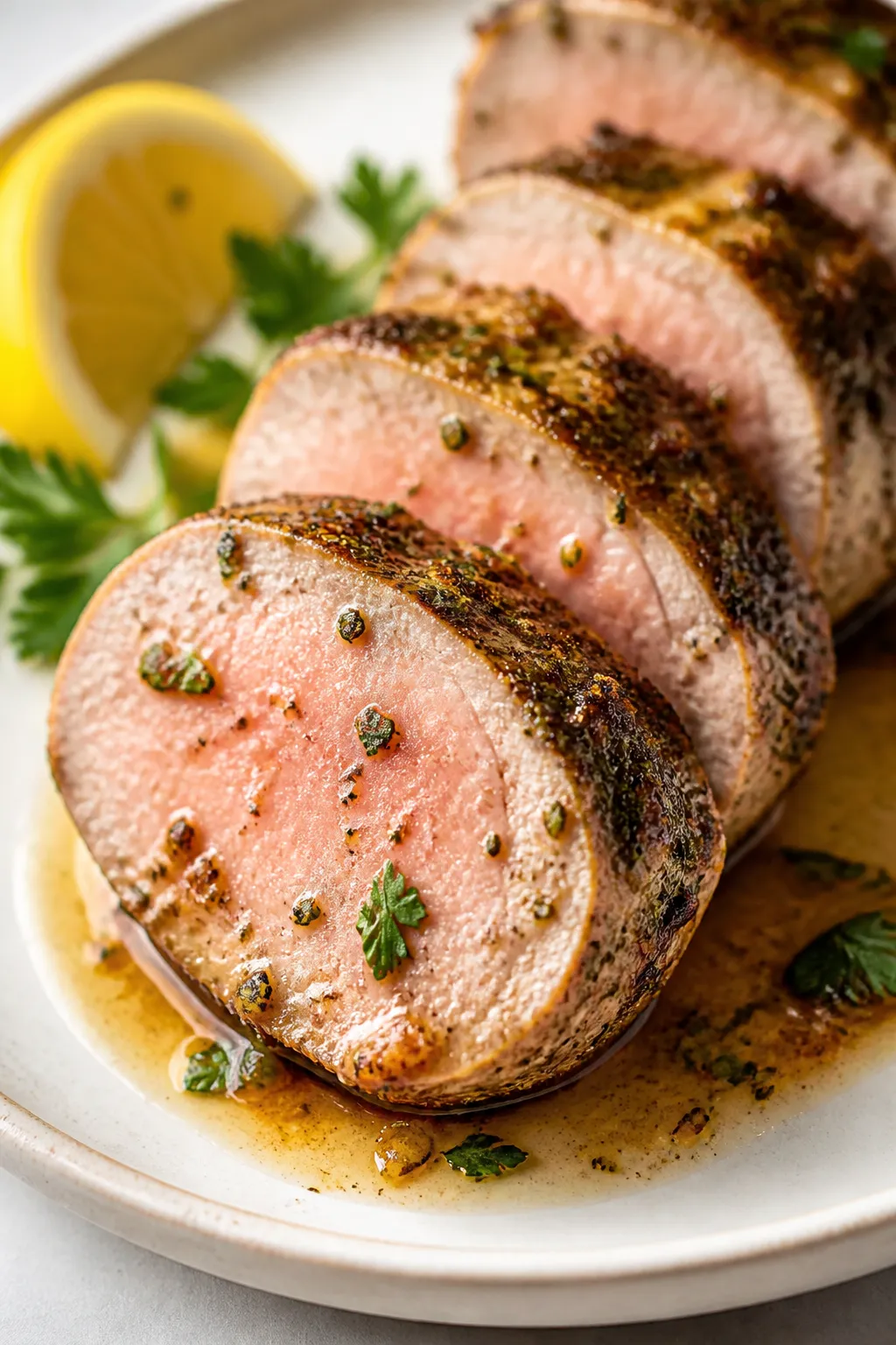 Close-up detail shot of sliced garlic herb roasted pork tenderloin medallions, perfectly juicy with 