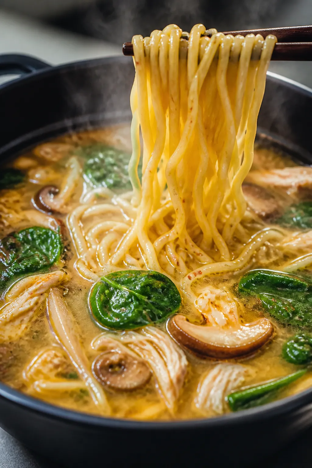 Close-up detail shot of springy cooked ramen noodles being lifted from a simmering golden chicken br