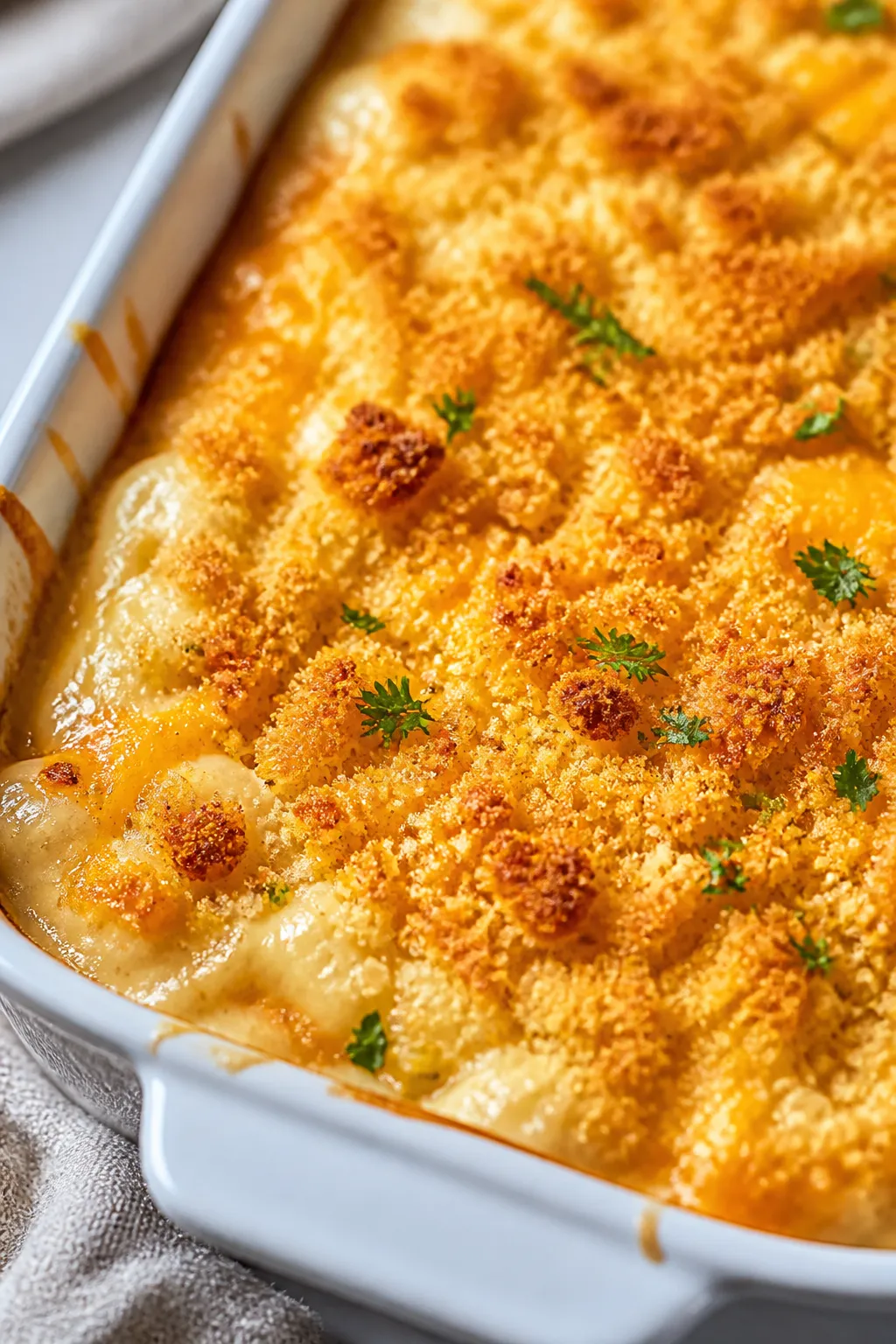 Close-up detail shot of the casserole’s golden, buttery cracker topping just out of the oven, show