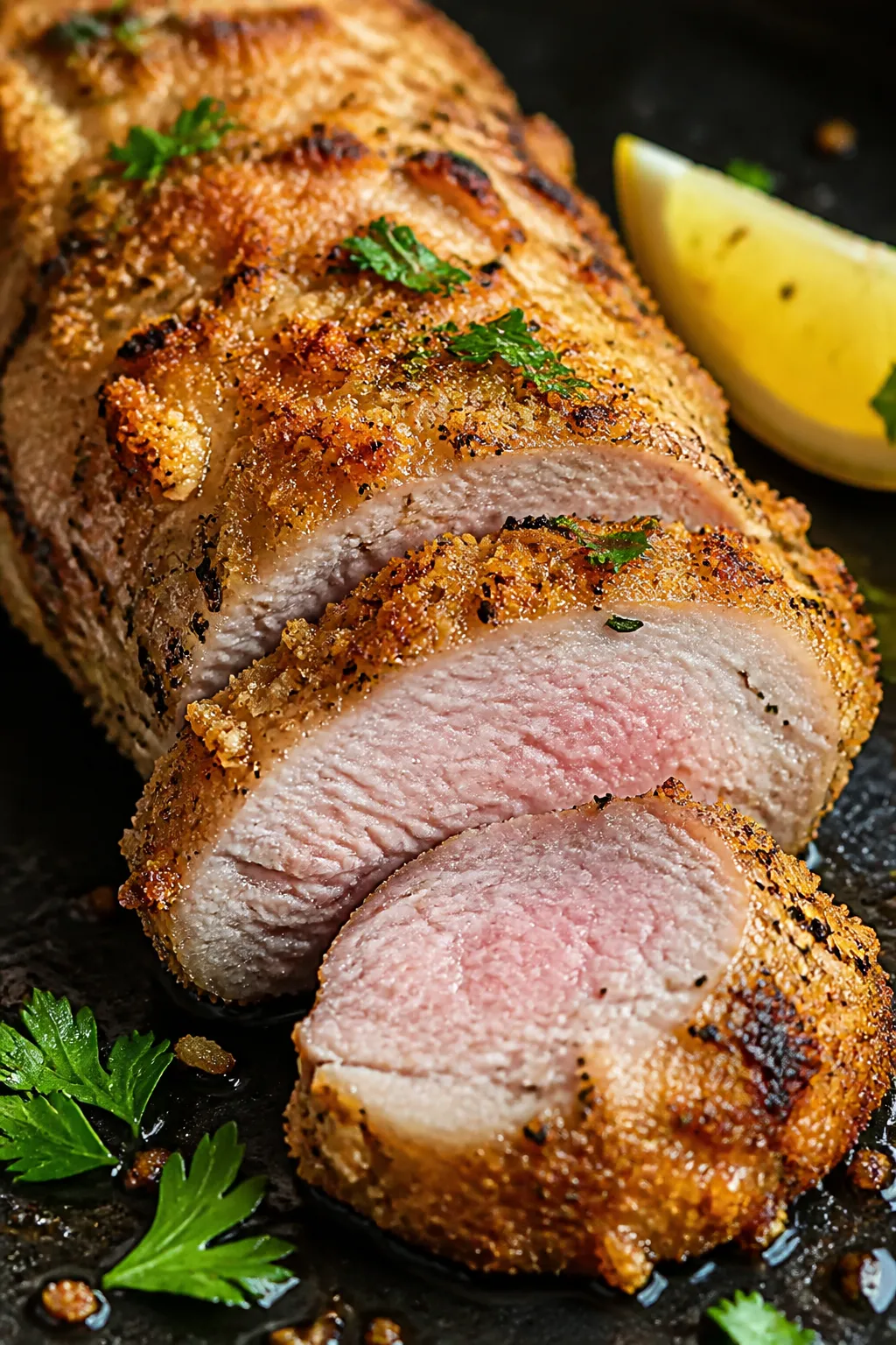 Close-up detail shot of the Parmesan-crusted pork tenderloin just out of the oven: golden, crunchy p