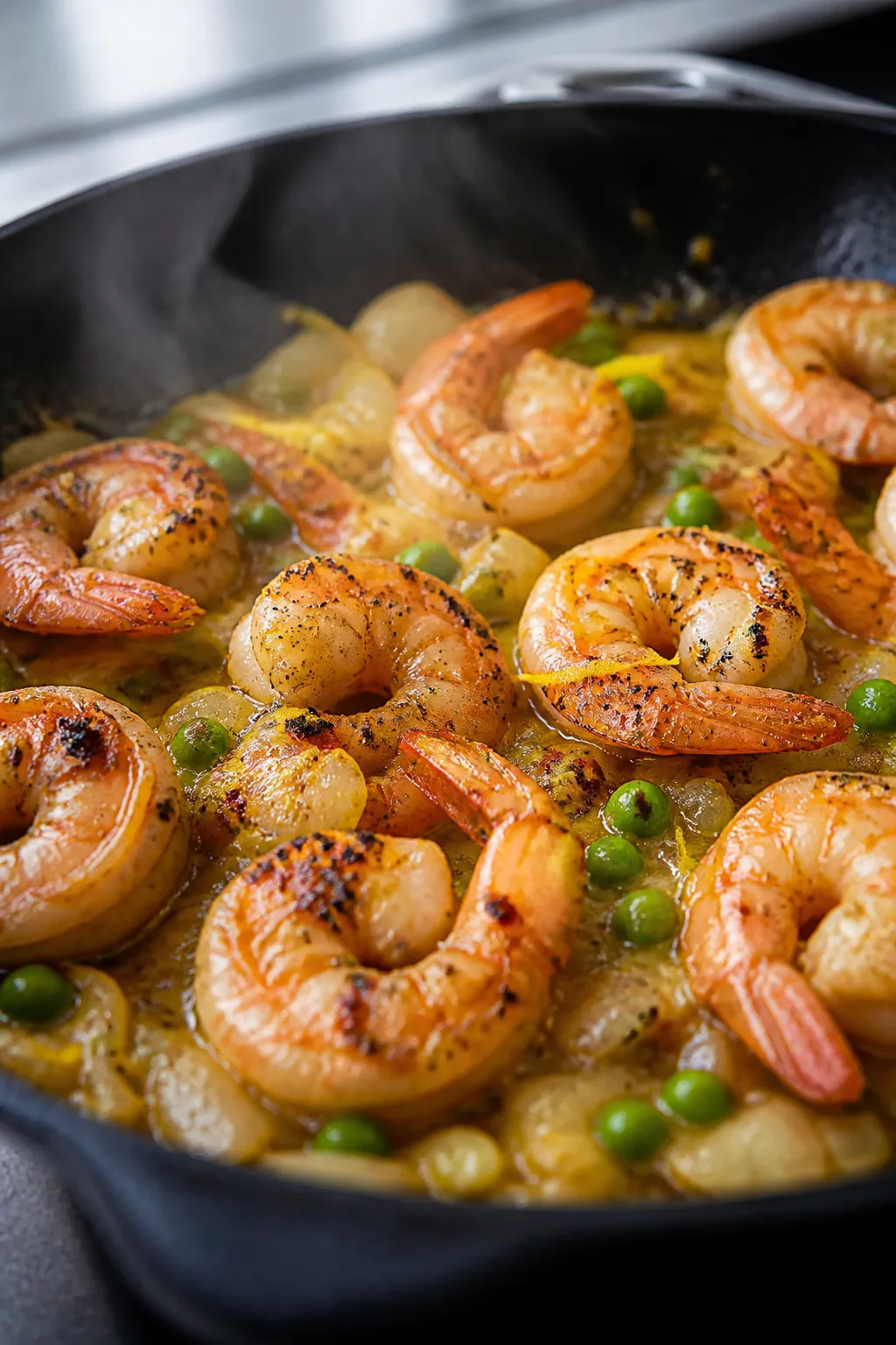 Close-up detail shot: Seared shrimp just returned to the skillet and tossed in glossy garlic-lemon b