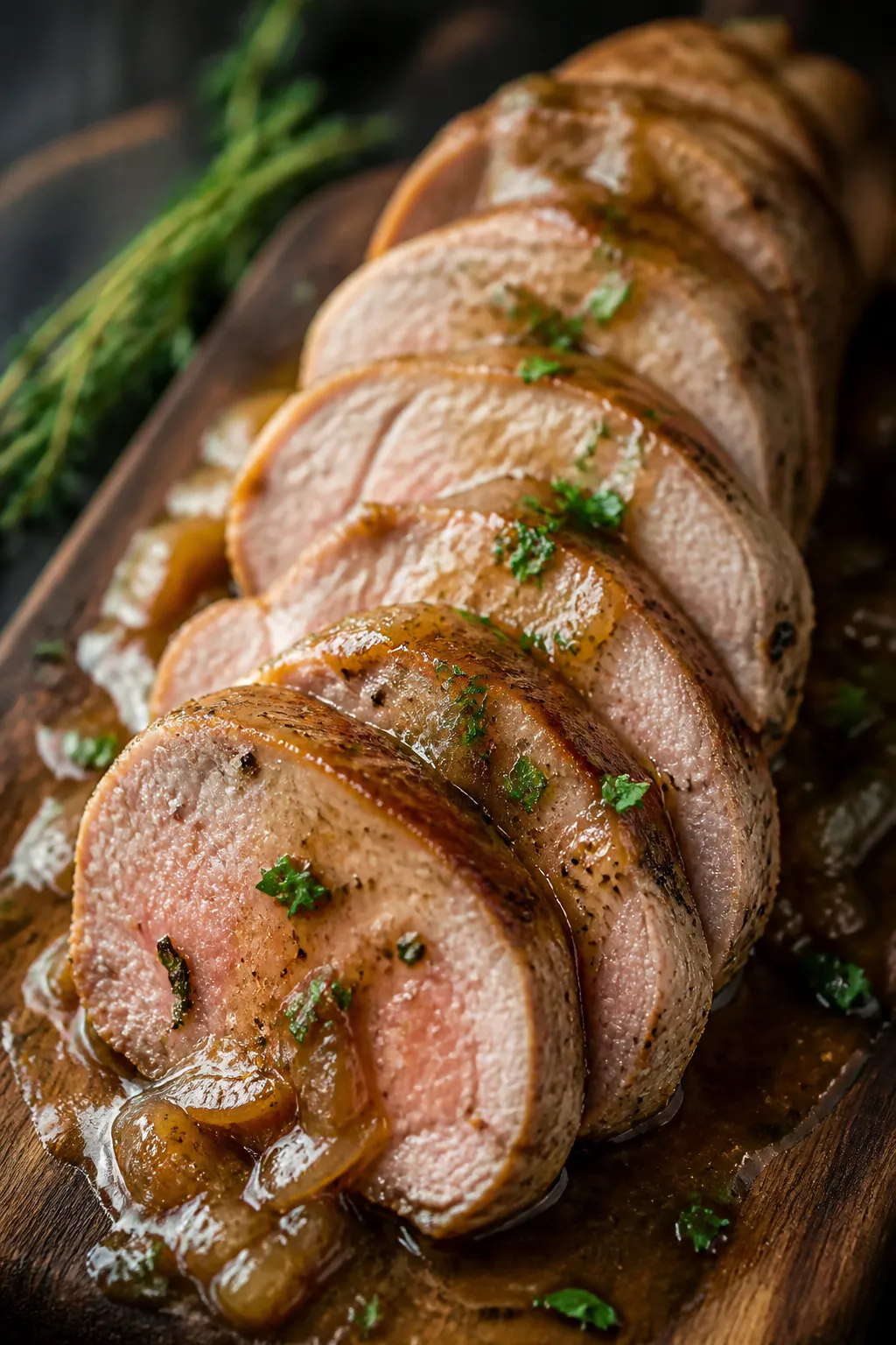 Close-up detail shot: Sliced slow cooker pork tenderloin fanned on a cutting board, each 1/2-inch me