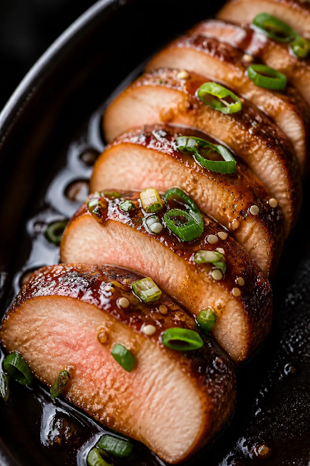 Close-up detail shot: Sliced sticky Asian pork tenderloin medallions just after resting, edges deepl