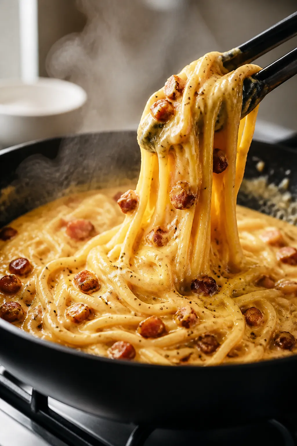 Close-up detail: Silky ramen carbonara being tossed off-heat in a skillet with crispy diced pancetta