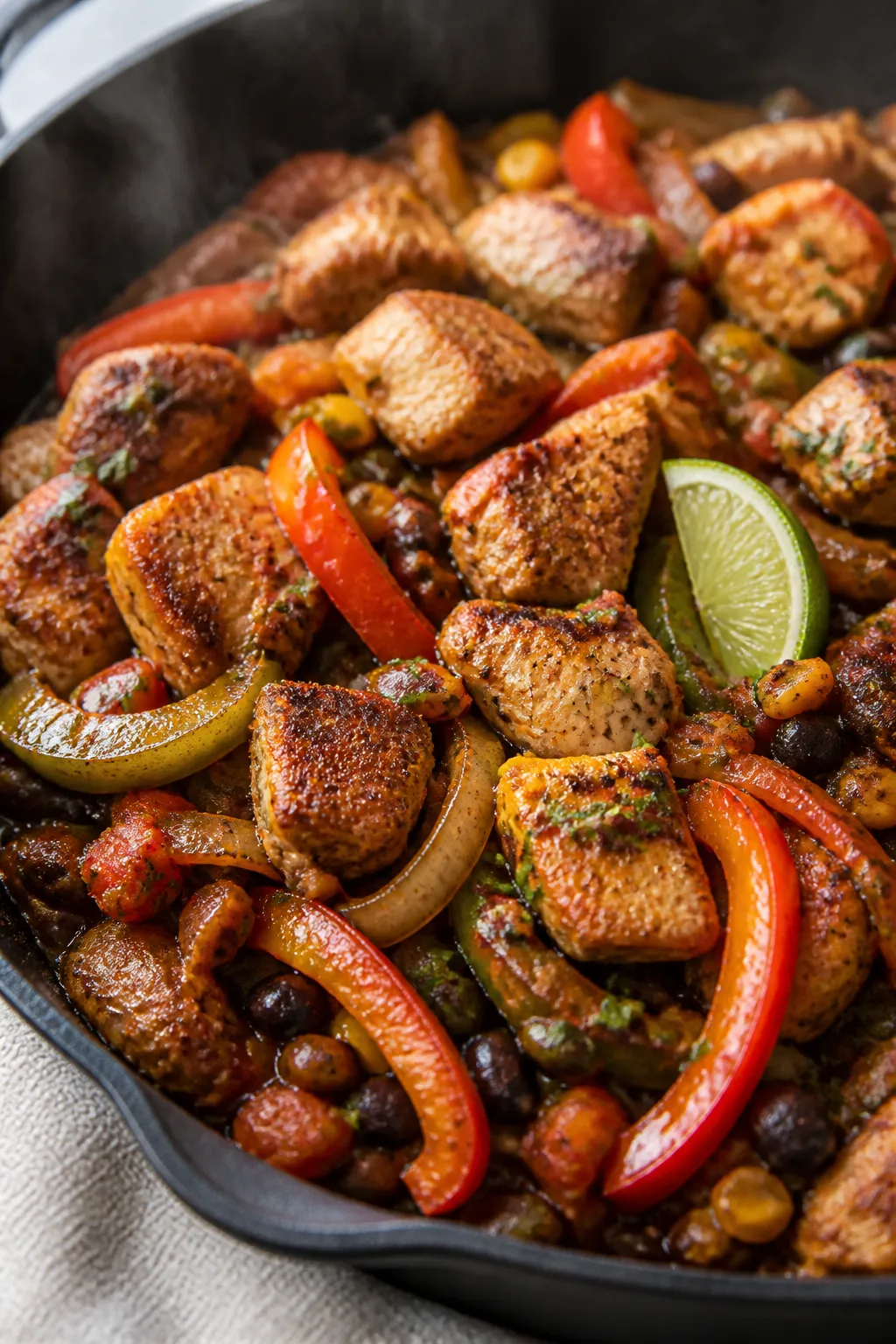 Close-up detail: Sizzling, bite-size seared chicken pieces nestled back into a skillet of sautéed o