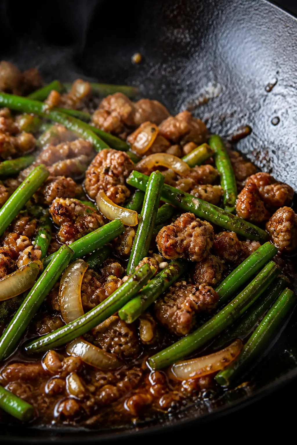 Close-up detail: Sizzling ground chicken and green bean stir fry mid-cook in a dark, well-seasoned w