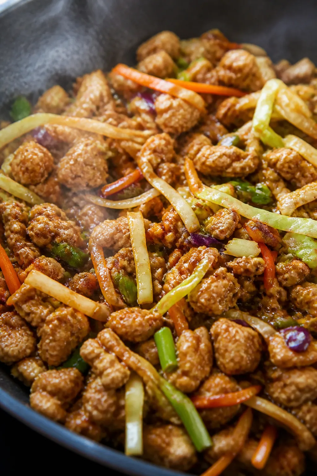 Close-up detail: Sizzling ground chicken egg roll in a bowl mid-cook in a large skillet, chicken lig