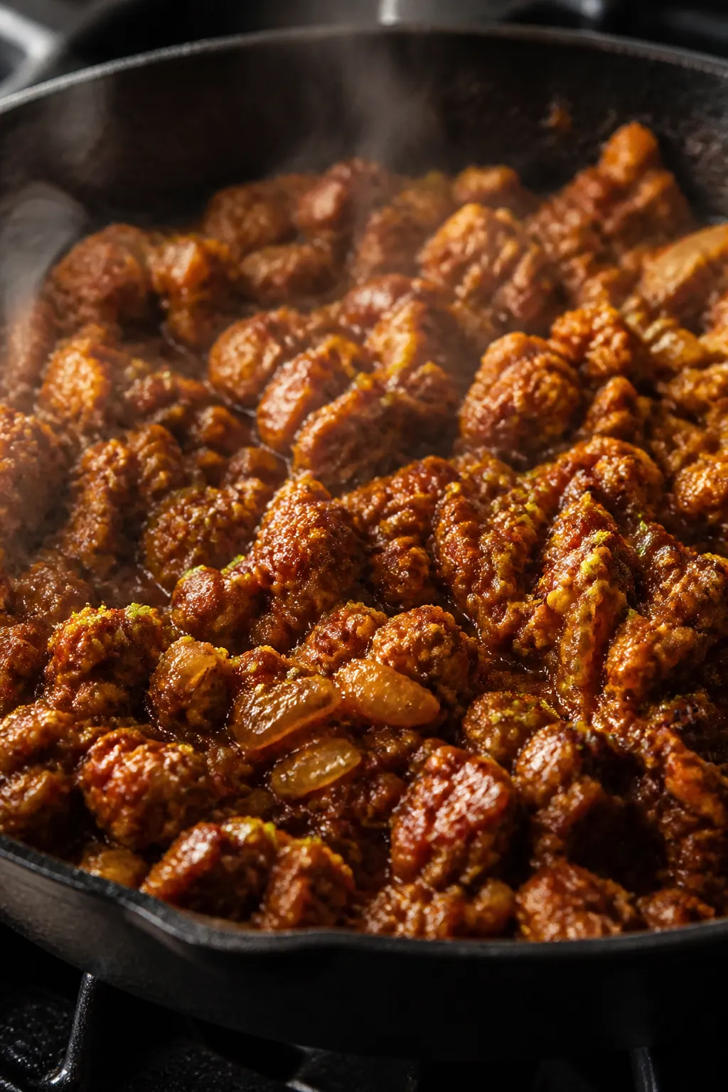 Close-up detail: Sizzling ground chicken in a skillet, fully cooked and saucy, coated in a deep red-
