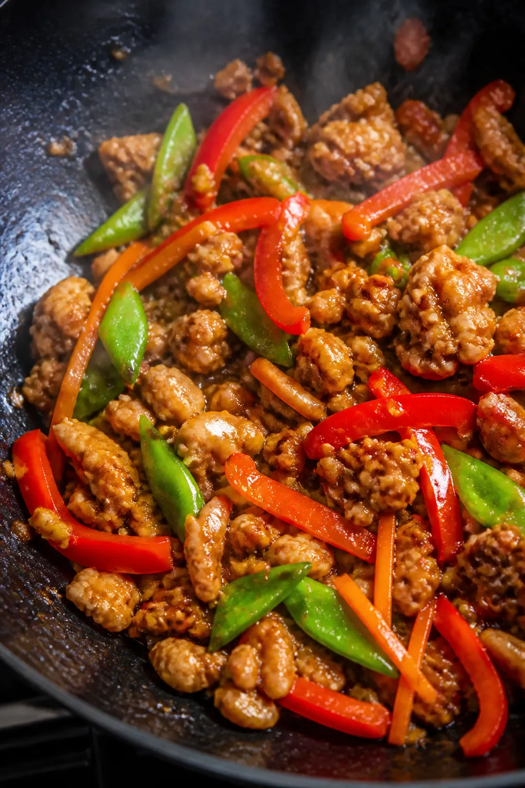 Close-up detail: Sizzling ground chicken stir fry mid-cook in a dark seasoned wok, chicken crumbles 