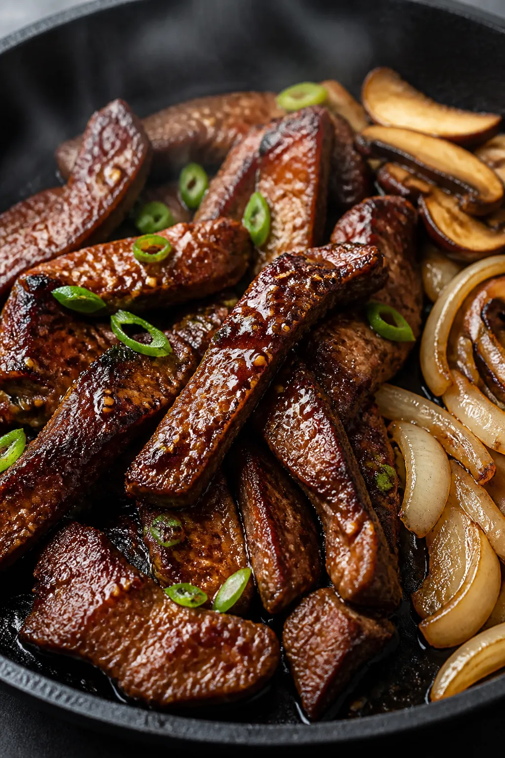 Close-up detail: Sizzling Korean BBQ beef strips caramelizing in a cast-iron skillet, lacquered with