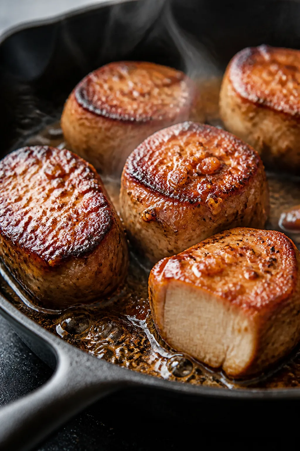 Close-up detail: Sizzling pork tenderloin medallions in a cast-iron skillet right after searing, sho