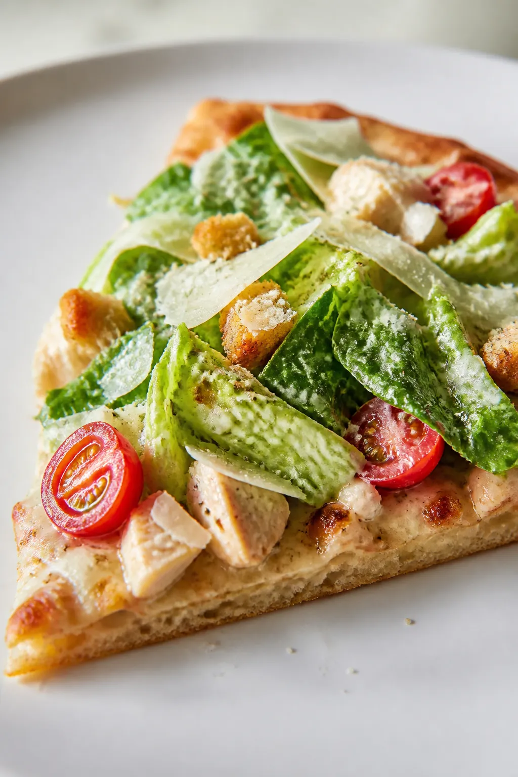 Close-up detail, slice shot: A single hot slice of Chicken Caesar Salad Pizza on a matte white plate