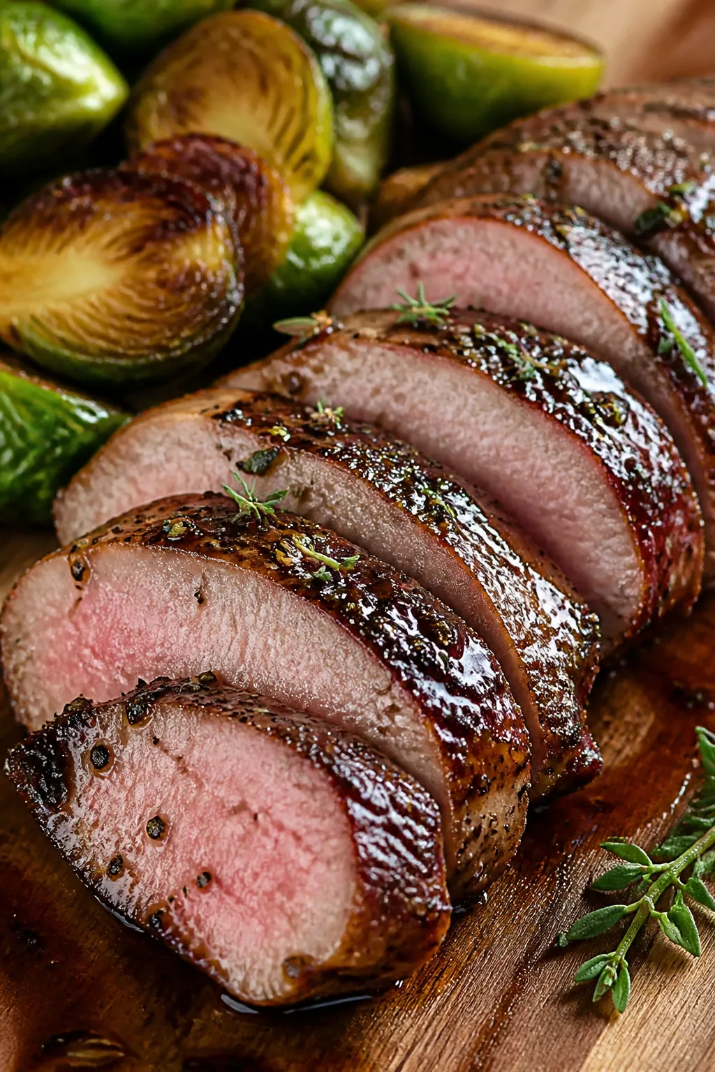 Close-up detail: Sliced balsamic-glazed pork tenderloin medallions fanned on a board with glossy, sy