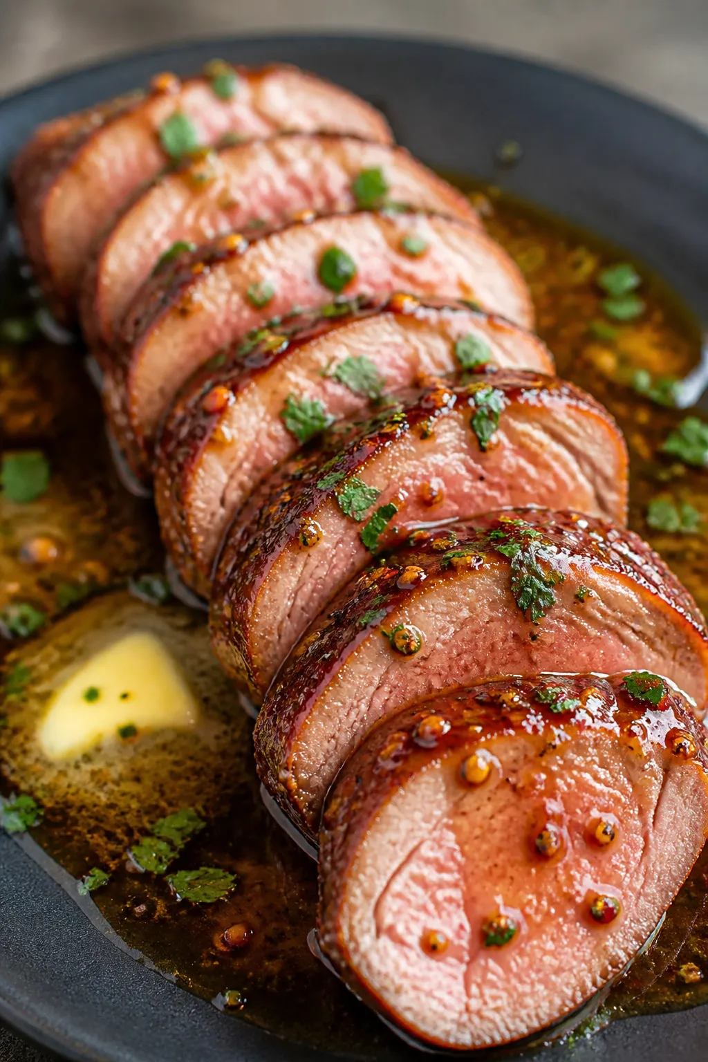 Close-up detail: Sliced bourbon-glazed pork tenderloin medallions just after resting, glossy glaze c