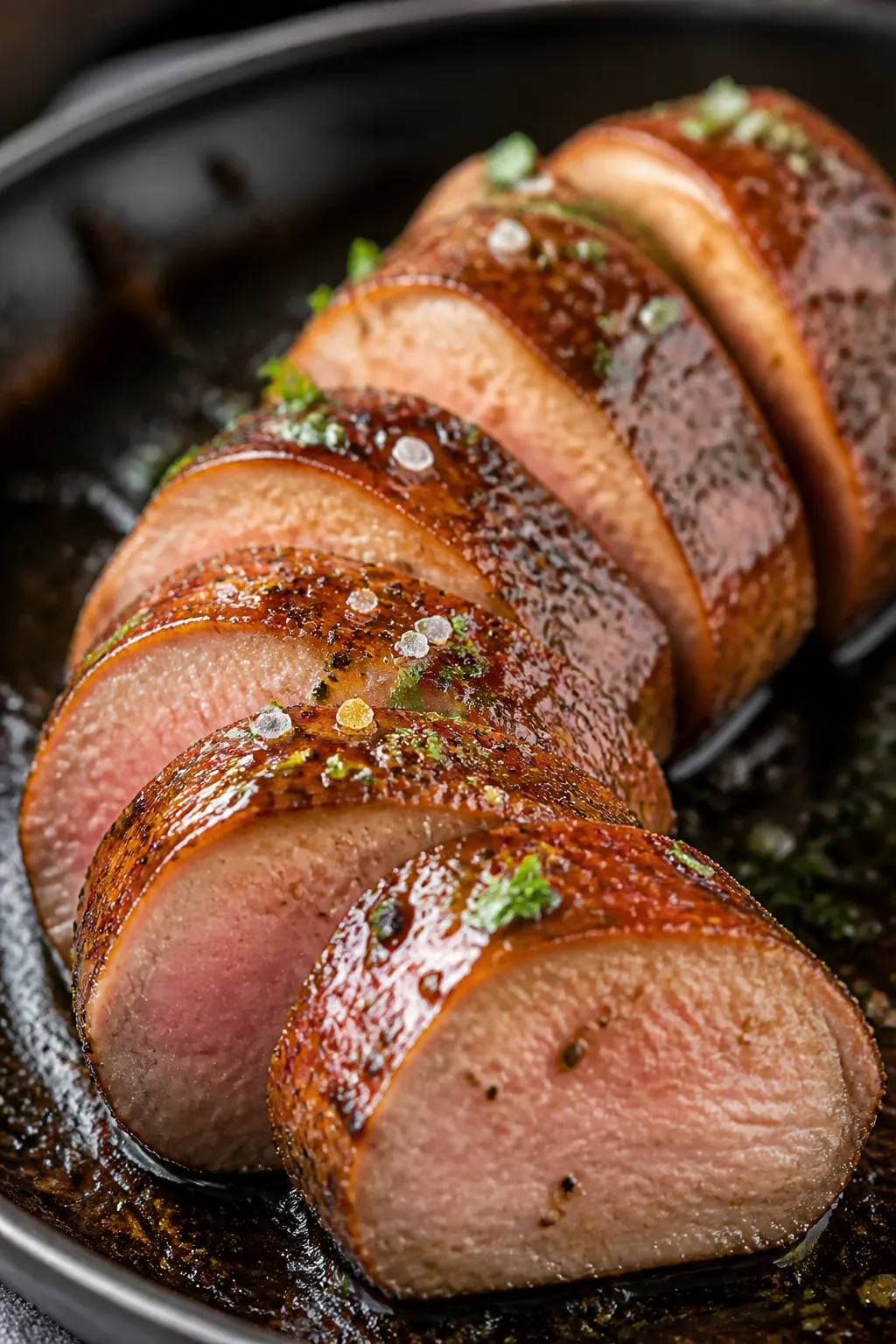 Close-up detail: Sliced brown sugar–Dijon pork tenderloin medallions with a glossy, caramelized gl